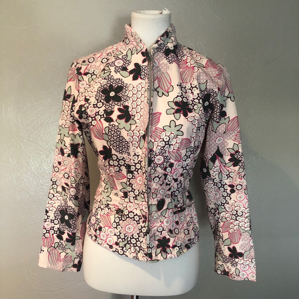 MaxMara Floral Print Zip-Front Blazer in Pink, Black, Sage & Cream